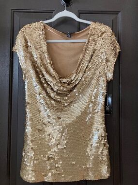 Gold Sequin Embellished Cowl Neck Festive Top